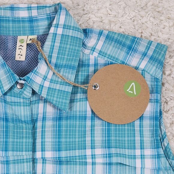 Dakini Plaid Boyfriend Shirt Womens Medium Green Stretch Hidden Side Pocket Snap - Picture 4 of 12